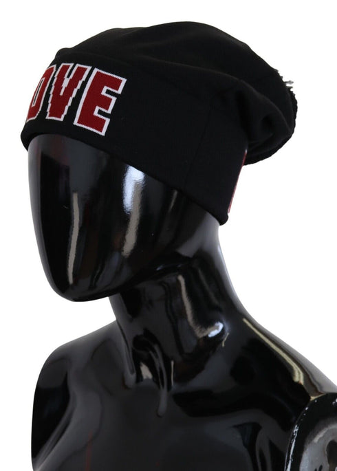 Dolce & Gabbana Black Wool Fur Ball DG Love Winter Beanie One Size Hat